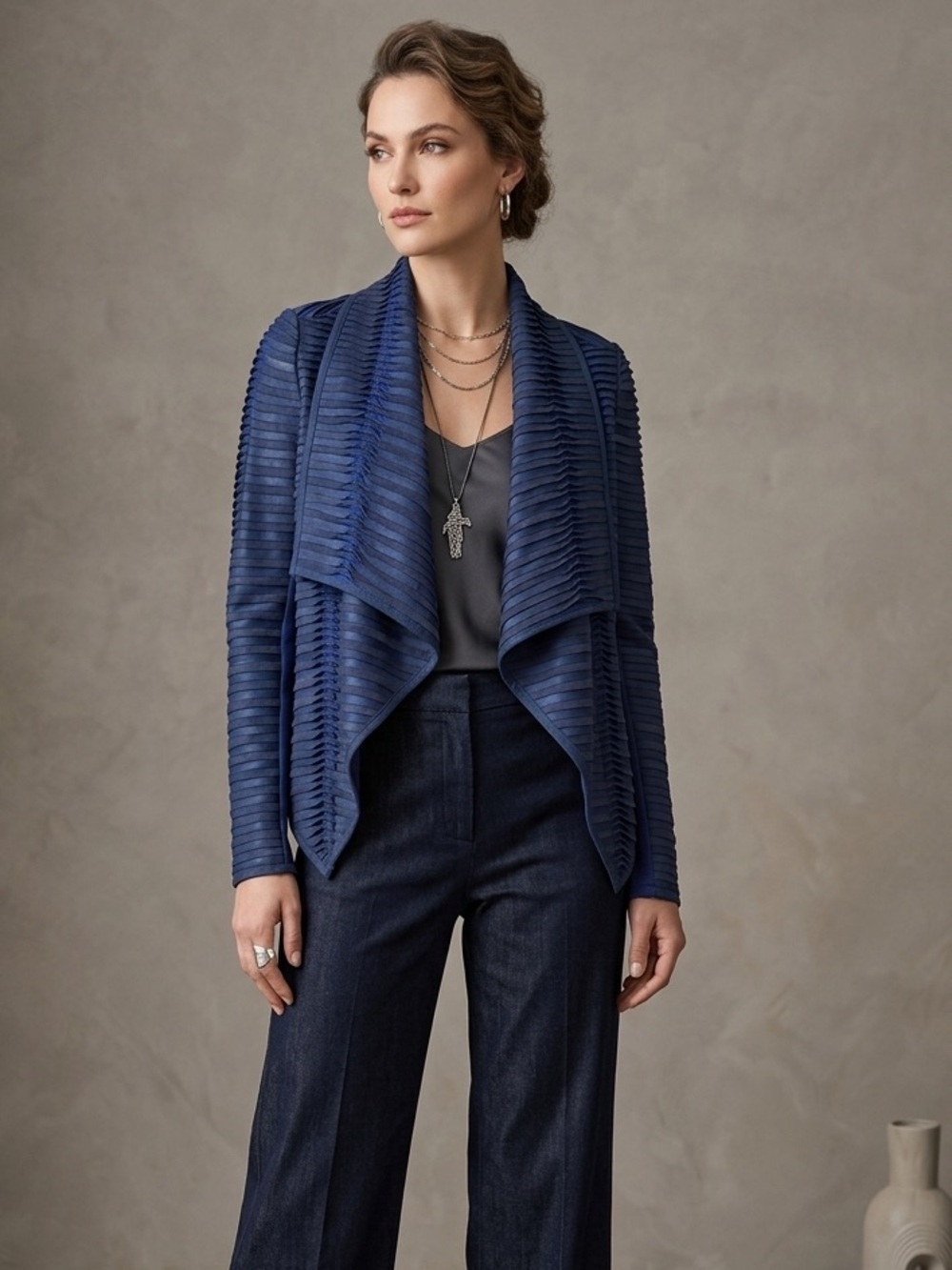 My Tribe Navy Blue Draped Leather Jacket